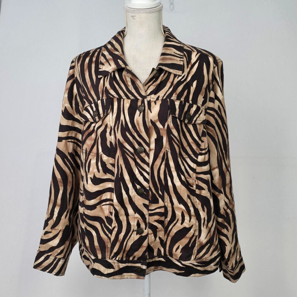 Carole Little Zebra Animal Print Jacket Button Front Pockets Linen Size 2X